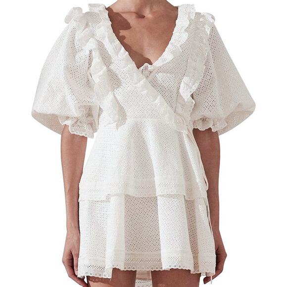 Shona Joy Dresses & Skirts - Shona Joy Ackley Broderie Frill Eyelet Mini Dress White Puff Sleeve Size 10